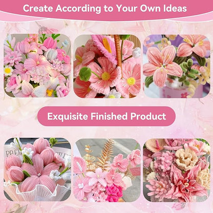 500 Pcs Thick Pipe Cleaners for DIY Flowers & Crafts – 5 Colors Chenille Stems with Glue Guns & Tape Measure – Perfect for Family Fun & Creativity, Holiday & Room Decorations (Pink, 12in x 8mm)