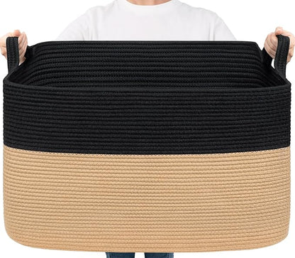 Goodpick Large Woven Blanket Basket 23.6" x 15.7" x 13.8" Cotton Rope Storage Organizer for Dirty Clothes Pillows, Wicker Storage Basket for Living Room Bedroom, Black & Jute