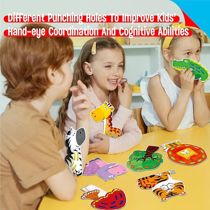 9 Pieces Lacing Cards, Double Sided Sewing Cards in 9 Jungle Animals with 9 Colorful Laces, Imagination Development Lacing Toys Games Educational and Learning Activity for Preschoolers, Kids