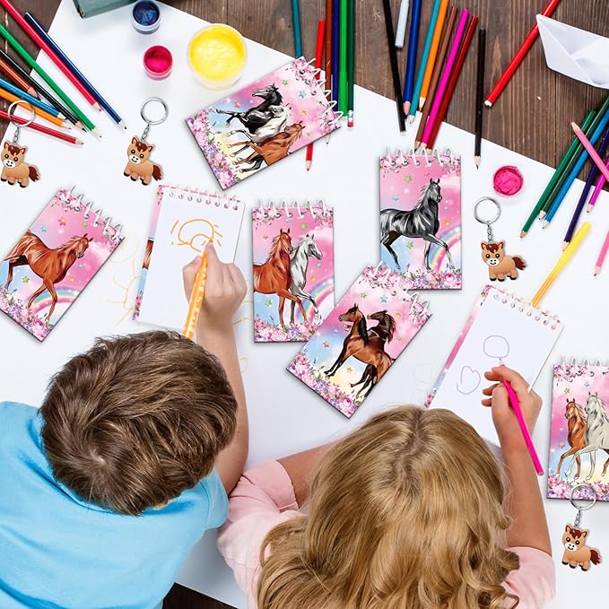 113 PCS Pink Horse Party Favors Set, 41 Horse Stickers, 12 Goodie Bags,12 Button Badges, 12 Keychains, 12mini notepads,12 rubber bracelets for Girl Women Cowgirl Horse Birthday Party Supplies (Pink)