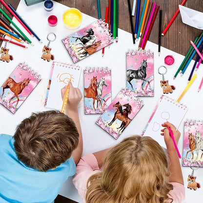 113 PCS Pink Horse Party Favors Set, 41 Horse Stickers, 12 Goodie Bags,12 Button Badges, 12 Keychains, 12mini notepads,12 rubber bracelets for Girl Women Cowgirl Horse Birthday Party Supplies (Pink)