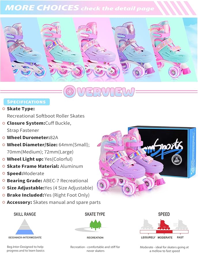 2PM SPORTS Roller Skates for Girls Boys Kids Age 4-6 5-8 6-12 8-12 with Light Up Wheels, Adjustable Youth Rollerskates Size 10C 11C 12C 13C 1 2 3 4 5 6
