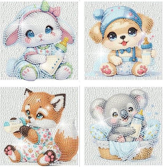 FQOVKYN 4 Pcs Baby Animals Diamond Art Kits for Kids, Cute Animals DIY Diamond Arts Mosaic Kits for Adults Beginner, Full Round Drill Diamond Art Painting for Home Wall Decor Kids Gift 6X6 inch
