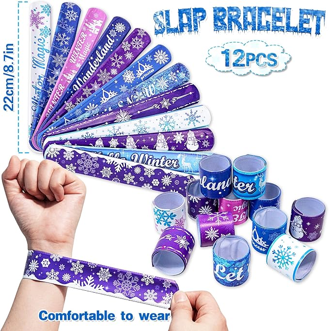 Snowflake Birthday Party Favors Supplies Kids Girl Winter Party Decorations Set Include 12 Invisible Ink Pen,12 Mini Notebook,12 Slap Bracelets,12 Silicone Keychains, 12 Stampers,1 Snowflake Sticker