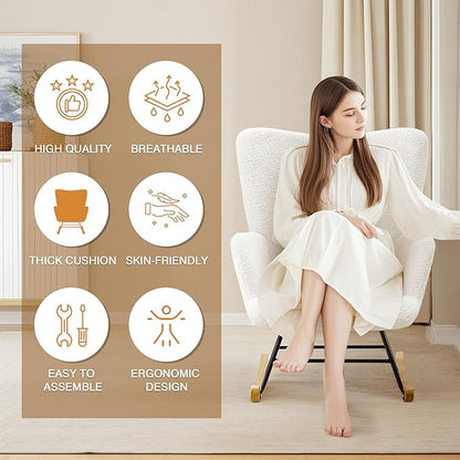 VECELO Nursery Rocking Chair Teddy Upholstered Modern Glider Rocker Padded with High Backrest Armchair Comfy Side Pocket for Living Room Bedroom Balcony Offices, White