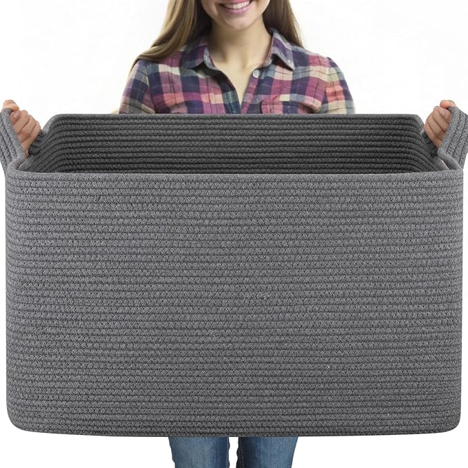 OIASKET 95L Extra Large Blanket Basket, 24" x 16.9" x 14.2" Woven Storage Basket for Living Room, Nursery Blanket Storage for Toys, Towels, Dirty Clothes (Grey)