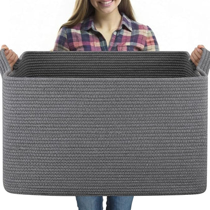 OIASKET 95L Extra Large Blanket Basket, 24" x 16.9" x 14.2" Woven Storage Basket for Living Room, Nursery Blanket Storage for Toys, Towels, Dirty Clothes (Grey)