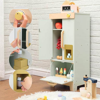 Wooden Play Kitchen Toy Fridge,Pretend Play Fridge with Ice Maker,Kids Refrigerator Freezer Set Kitchen Accessories,Toddler Play Kitchen for Boys & Girls Age 3+