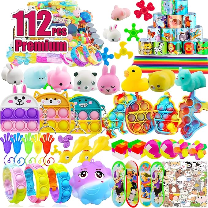 112 PCS Pop Party Favors Toys for kids,Premium Pop Fidget Toys for All Ages kids,Assortment pinata stuffers,classroom prizes,Prize Box Toys,Goody Bag Fillers,Carnival Prizes for Boys and Girls 4-10