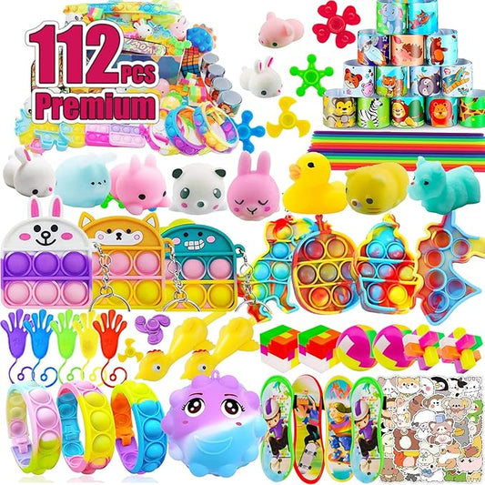 112 PCS Pop Party Favors Toys for kids,Premium Pop Fidget Toys for All Ages kids,Assortment pinata stuffers,classroom prizes,Prize Box Toys,Goody Bag Fillers,Carnival Prizes for Boys and Girls 4-10