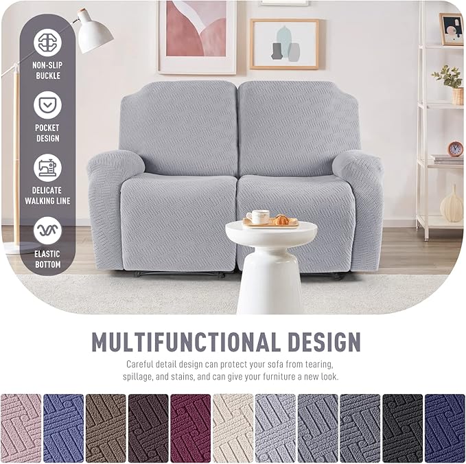 KinCam Recliner Covers, Stretch Reclining Chair Covers, Recliner Sofa Slipcovers Stripe Jacquard Recliner Couch Covers Furniture Protector Covers for Pet Kid (2 Seater, Silver Gray)