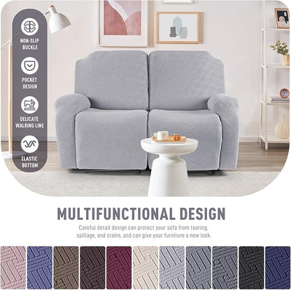 KinCam Recliner Covers, Stretch Reclining Chair Covers, Recliner Sofa Slipcovers Stripe Jacquard Recliner Couch Covers Furniture Protector Covers for Pet Kid (2 Seater, Silver Gray)