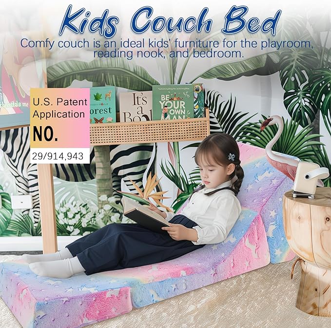 MeMoreCool Toddler Couch Fold Out Sofa Bed, Kids Lounge Chair Foldable Floor Lounger, 3-in-1 Folding Children Chair Bed, Pull Out Recliner for Toddlers 1-6, Unicorn