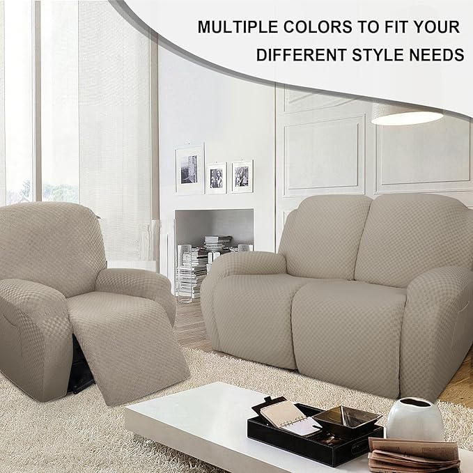 Stretch Jacquard Recliner Sofa Covers 3 Seat Soft Recliner Chair Covers Sofa Slipcover with Pocket and Elastic Bottom Furniture Protector for Kid,Pets（Checks,Khaki）