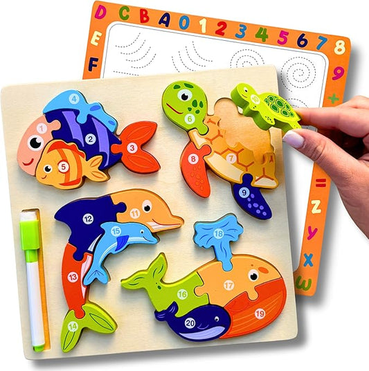 MASTER LEON - Wooden Toddler Puzzles 3-5 Year Old - Montessori Toddler Puzzle - Fine Motor Skills Toy - Animals & Vehicles Learning Games for Ages 3-4-5 - Gift for Christmas