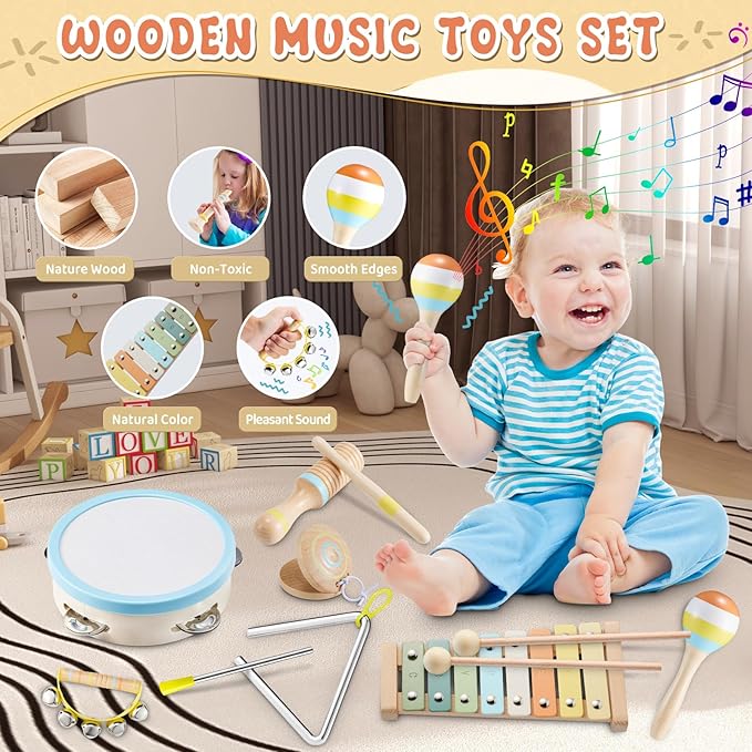 Baby Musical Instruments - Montessori Musical Toys for Toddlers 1-3 Musical Instruments for Toddlers 1-3 Neutral Colors Xylophone for Toddlers Gifts for Preschool Educational with Storage Bag