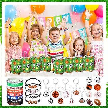 144 Pcs Sport Party Favors, Baseball Basketball Soccer Football Goodie Bag Fillers, Mini Stress Ball Stickers Whistle Keychain Charm Bracelet Wristbands Erasers for Sport Party Supplies(Sport)