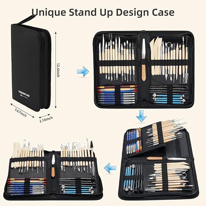 TEMONTIAN Clay Sculpting Tools Kit，Pottery Tools Kit，Clay Tools，Air Dry Clay Tools，44Pcs Double Sided Polymer Clay Tools for Adults,with Upgraded Carrying Case