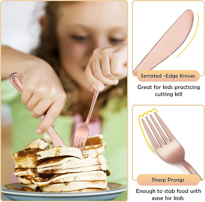 12-Piece Copper Kids Silverware, E-far Stainless Steel Toddler Kids Utensils Safe for Preschooler/Children, Includes 4 Forks 4 Spoons 4 Knife, Slimline Look & Small Size, Rust Free