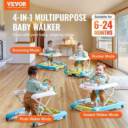 VEVOR 4-in-1 Baby Walker, Folding Baby Activity Center with Wheels, 3 Adjustable Height, Music & Toys Tray, Learning-Seated | Walk-Behind | Rocker | Bouncer Toddler Walker for Girls Boys 6-24 Months