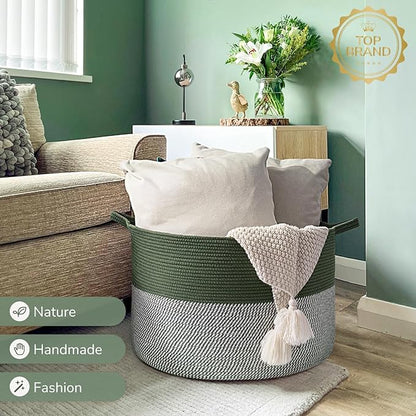 INDRSSME Large Laundry Storage Basket, 21.7 x13. 8 - Decorative Rope Blanket Basket for Organizing Bedroom, Living Room, Nursery, Toy Storage for Colthes Towel, Empty Gift Baskets -Green