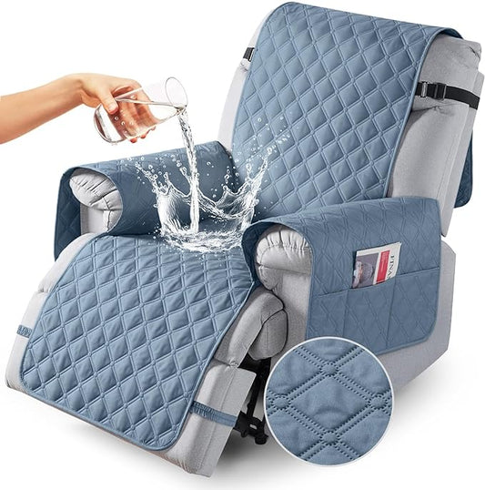 TAOCOCO 100% Waterproof Recliner Covers, Recliner Sofa Covers with Leg Straps, Reversible Recliner Couch Cover for Reclining Chair, Washable Couch Protector for Pets Kids(1 Seater 22", Sky Blue)