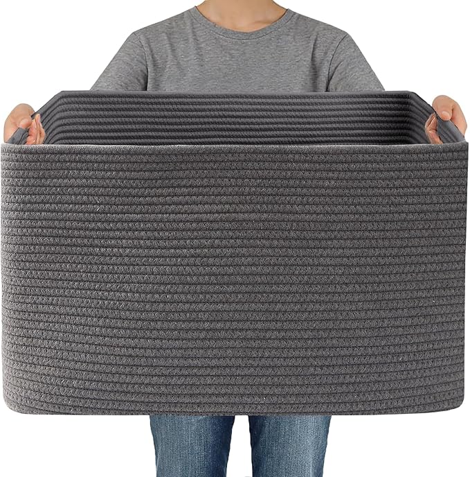 JMvicyroam Woven Blanket Basket,65L Large Storage Bin for Blankets Toys Clothes,Decorative Rope Basket for Living Room Bedroom with Handles, Grey