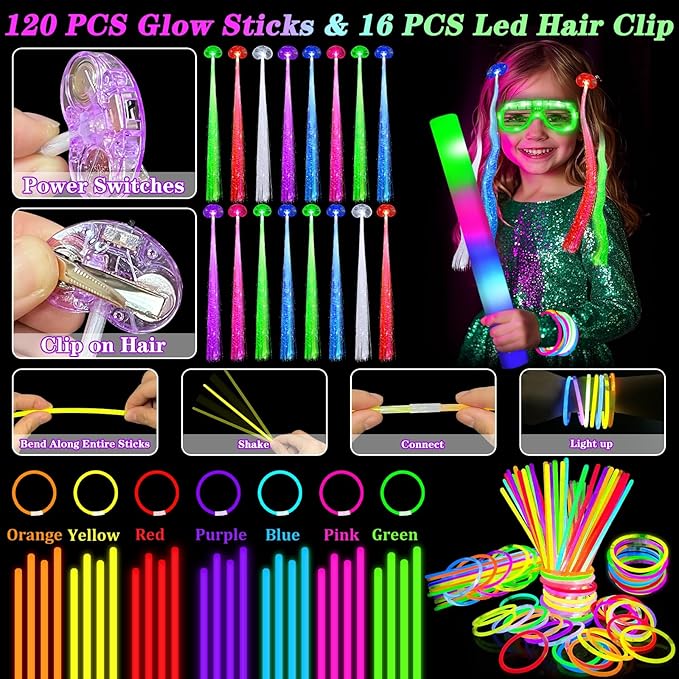 168 PCS Glow Party Supplies Light Up Party Favors with 16 Foam Glow Sticks, 16 LED　Glasses,120 Glow Sticks Bracelets and 16 LED Hair Clips Fiber Optic Neon Accessories for　Birthday, Wedding, Concert