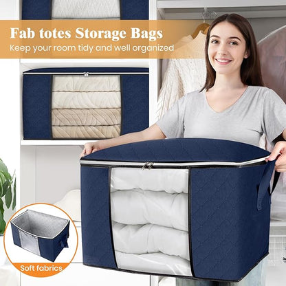 Fab totes 24 Gallons Clothes Storage, Foldable Thick Fabric Blanket Storage Bags,Containers for Organizing Bedroom, Closet, Clothing, Comforter,Organization with Handle (8 Pack,Blue)
