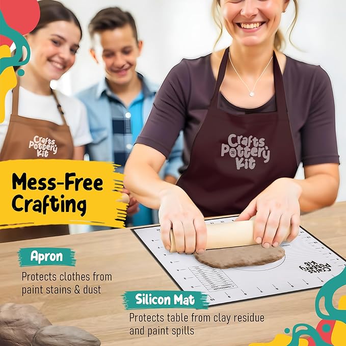 Crafts North Air-Dry Clay Pottery Kit – Complete DIY Clay Set with Tools, Paints, Apron & Step-by-Step Guide – Creative Craft Activity for Beginners, Date Nights & Group Events