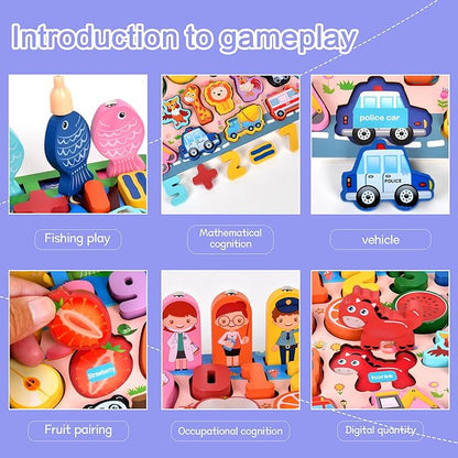 Wooden alphanumeric Shapes Jigsaw Ring Count Classification Toys Math Shapes Building Blocks Toddler Learning Playboard Math Fishing Educational Toys Montessori Educational Toys (color2)