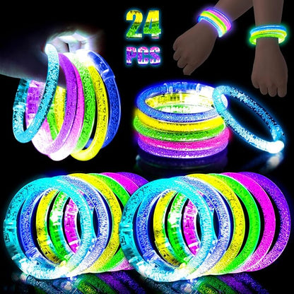 LovesTown 24PCS Glow Bracelets Bulk, LED Bracelets Light up Wristbands Glow in the Dark 6 Neon Colors for Birthday Party Favors Carnival Concerts Rave Party