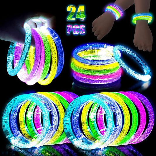 LovesTown 24PCS Glow Bracelets Bulk, LED Bracelets Light up Wristbands Glow in the Dark 6 Neon Colors for Birthday Party Favors Carnival Concerts Rave Party