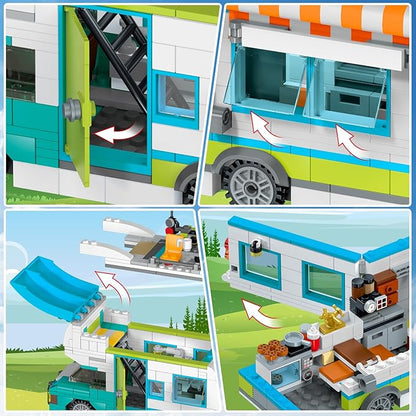HOGOKIDS City Camper Van Building Set with LED Light - 3-IN-1 Holiday RV Camping Building Toy for Kids 879PCS with Tent BBQ Grill Vehicles Friends Creative Adventure Gift for Boys Girls 6-12 Years Old