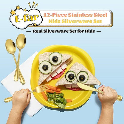 12-Piece Gold Kids Silverware, E-far Stainless Steel Toddler Kids Utensils Safe for Preschooler/Children, Includes 4 Forks 4 Spoons 4 Knife, Slimline Look & Small Size, Healthy & Rust Free