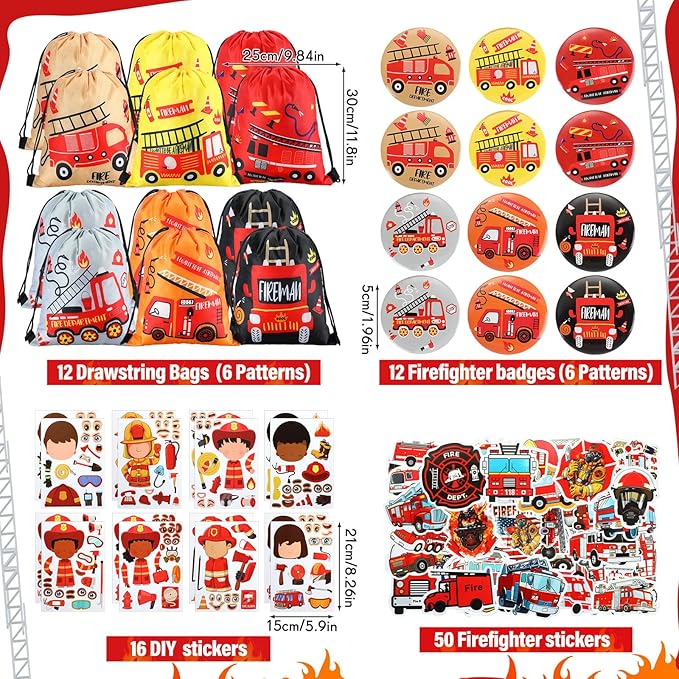 144 Pcs Firefighter Party Favors Fireman Themed Party Supplies Firemen Truck DIY Stickers Drawstring Bags Mini Notepads Silicone Wristbands Bracelets Keychain Button Pins Flexible Soft Pencil