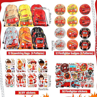 144 Pcs Firefighter Party Favors Fireman Themed Party Supplies Firemen Truck DIY Stickers Drawstring Bags Mini Notepads Silicone Wristbands Bracelets Keychain Button Pins Flexible Soft Pencil