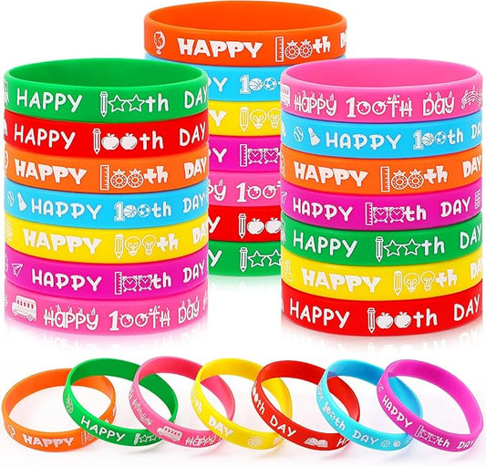 JUNEBRUSHS 100th Day of School Party Favors, 42pcs 100 Days of School Silicone Bracelets Rubber Wristbands for Kids School Party Students Kindergarten Teacher Preschool Gift Decorations Supplies