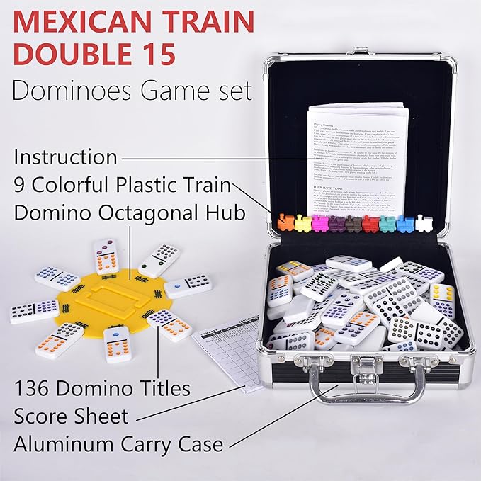 Double Fiffteen Mexican Train Dominoes,Mexican Train Double 15 Dominoes Set Colored Dot,Dominoes set for adult,Classic Board Game,136 Tiles, 9 Trains, Deluex Octagon Hub, Aluminum Case (2-10 player)