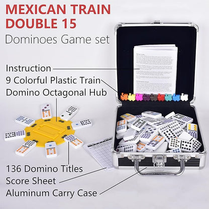 Double Fiffteen Mexican Train Dominoes,Mexican Train Double 15 Dominoes Set Colored Dot,Dominoes set for adult,Classic Board Game,136 Tiles, 9 Trains, Deluex Octagon Hub, Aluminum Case (2-10 player)