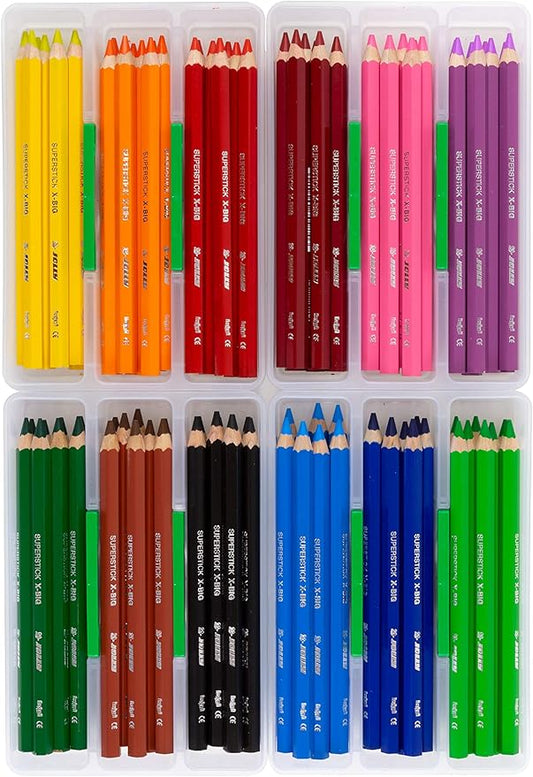 JOLLY X-Big Premium Jumbo Colored Pencils with Stackable Kindergarten Tote Box; 96 Pcs (8 each of 12 primary colors), Perfect for Group Projects, Classrooms, Special Needs, Art Therapy, Pre-School