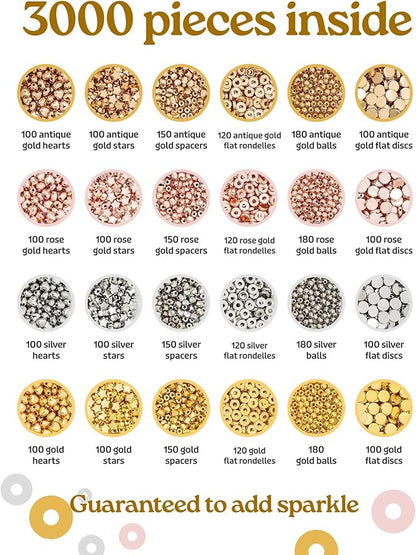 3000 Piece Gold Spacer Beads Set for Bracelet Making, Metallic, Rose, Yellow Gold and Silver Round, Stars and Hearts for Jewelry Making for Teens Adults, Friendship Bracelet Kit
