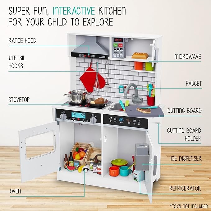 Lil' Jumbl Kids White Small Kitchen Set, Pretend Wooden Play Kitchen, Includes Range Hood, Microwave, Stove Top, Oven That Make Realistic Sound & Light, Pots, Pan, Cutting Board & Utensils Included,