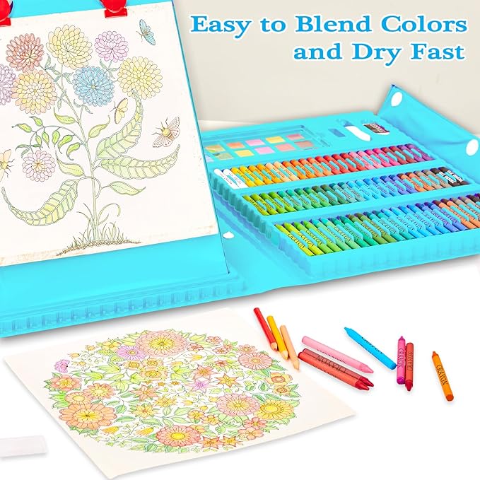 KINSPORY Art Kit, 290 Pack Art Sets Crafts Drawing Coloring kit, Double-Side Trifold Easel, Oil Pastels, Crayons, Colored Pencils, Creative Gift for Beginners Artists Girls Boys Kids (Blue)