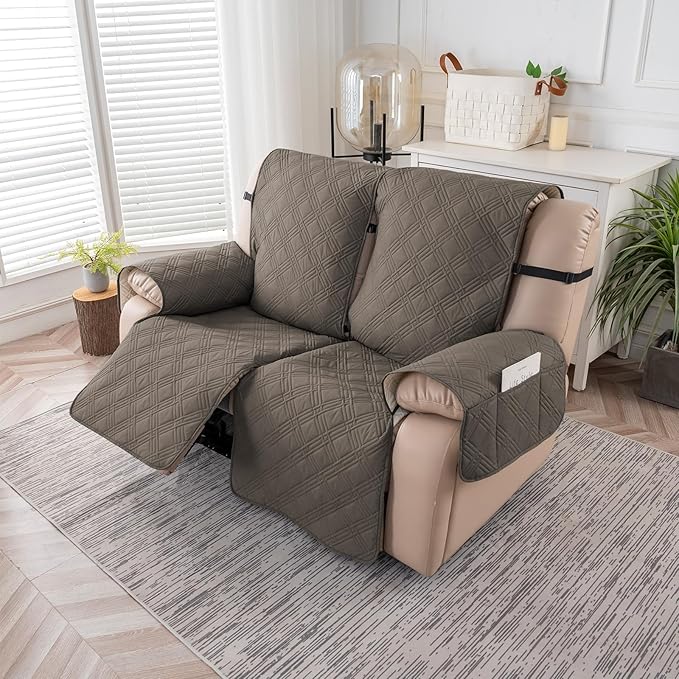 Easehomey Waterproof Loveseat Recliner Cover,Non Slip Reclining Couch Covers for 2 Seat,Dog Chair Cover Furniture Protector Washable Chair Cover with Pocket for Kids,Pets,Dogs(Taupe,2Seat)