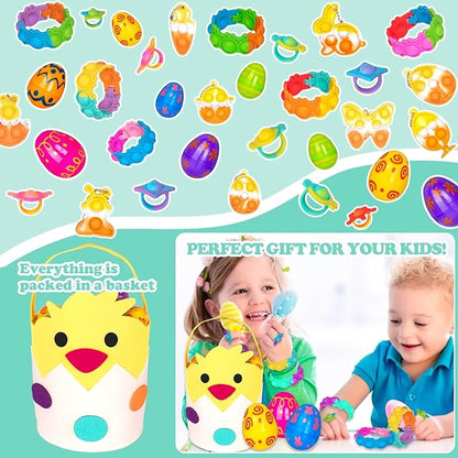 30 Packs Easter Plastic Printed Bright Eggs,Easter Theme Pop Keychain Bracelets Rings Bubble Toys Set,Fidget Stress Relief Squeeze for Basket Stuffer,Classroom Exchange Game Prize Supplies