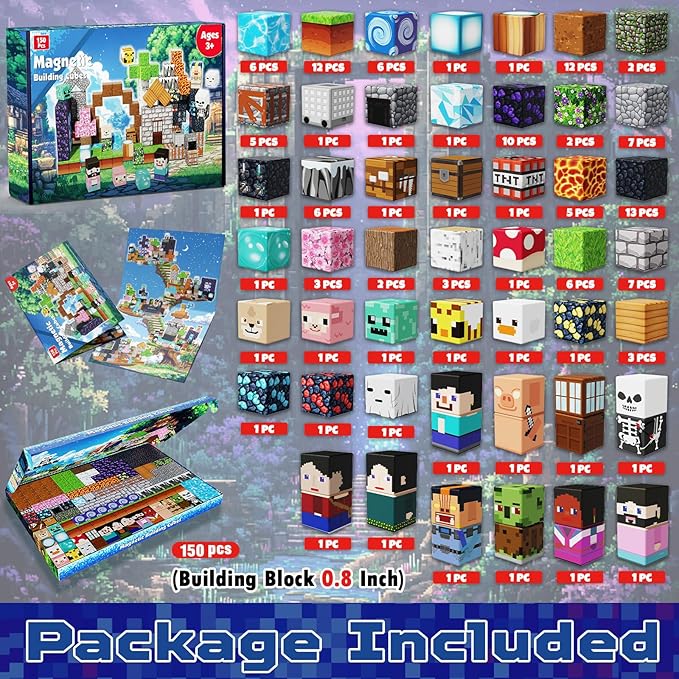 Magneverse 150 PCS 0.8in Magnetic Blocks - Easter Toys, Magnetic Building Blocks Cubes, Stacking Magnets, School STEM Toys Birthday Gifts for Boys and Girls Age 3+ Years Old (Theme: Adventure World)