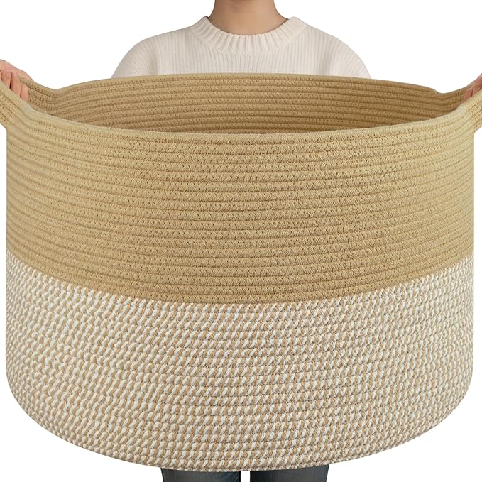 OIAHOMY 90L XXXLarge Blanket Basket for Living Room, 21.7" x 13.8" Woven Cotton Rope Laundry Basket for Organizing Pillows, Decorative Stuffed Animal Toy Storage Bin for Nursery, Jute and White