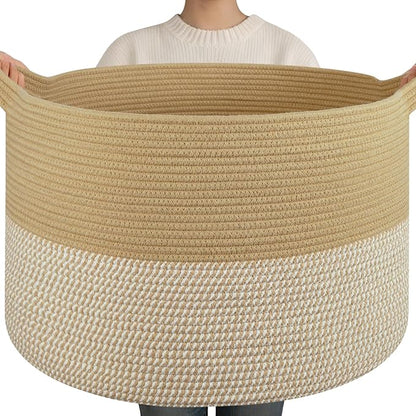 OIAHOMY 90L XXXLarge Blanket Basket for Living Room, 21.7" x 13.8" Woven Cotton Rope Laundry Basket for Organizing Pillows, Decorative Stuffed Animal Toy Storage Bin for Nursery, Jute and White