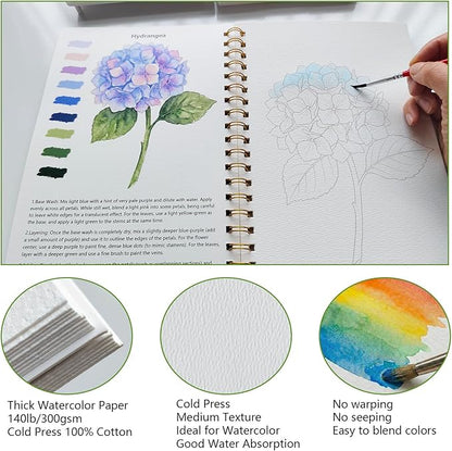Watercolor Workbook 15 Beautiful Flowers Paintings for Adults &Teens Beginners,Water Coloring Book 140lb Cold Press Cotton Watercolor Paper-Ideal Gifts to Spark Creativity Stress Relief(10.2" x 6.9")